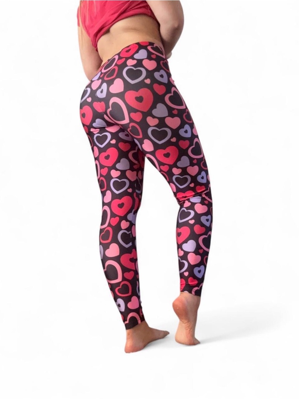 Amazon Women's Heart-Print Leggings in Black, Red, Pink & Lavender Size M